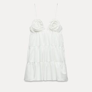 Zara White Spaghetti-Strap Slip Dress with Rosette Cups